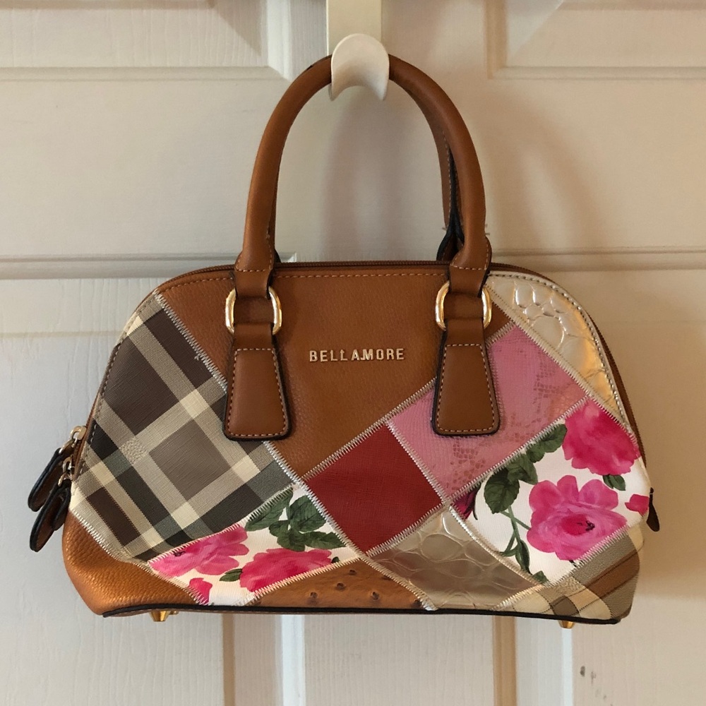 Bella Amore Tan Patchwork Floral Dome Satchel with Pink & Red Accents